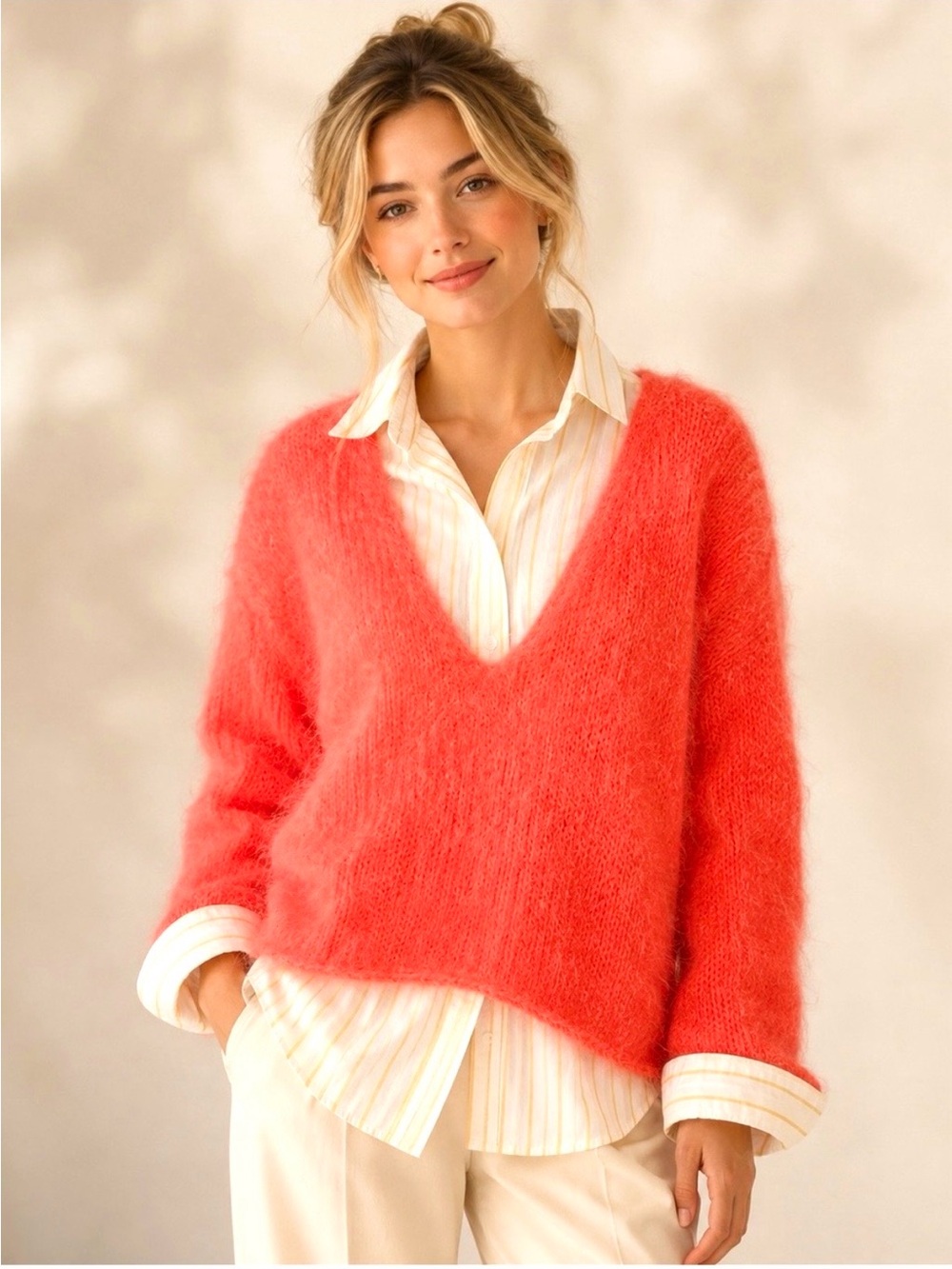 Hand Knitted Coral Salmon V-Neck Fuzzy Mohair Blend Sweater size medium large